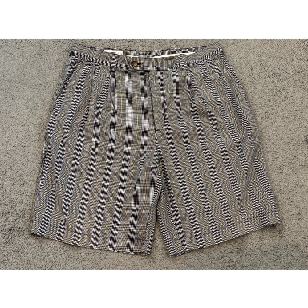 Cutter & Buck Mens 38 Glen Plaid Pleated Cotton Golf Shorts Black White Yellow